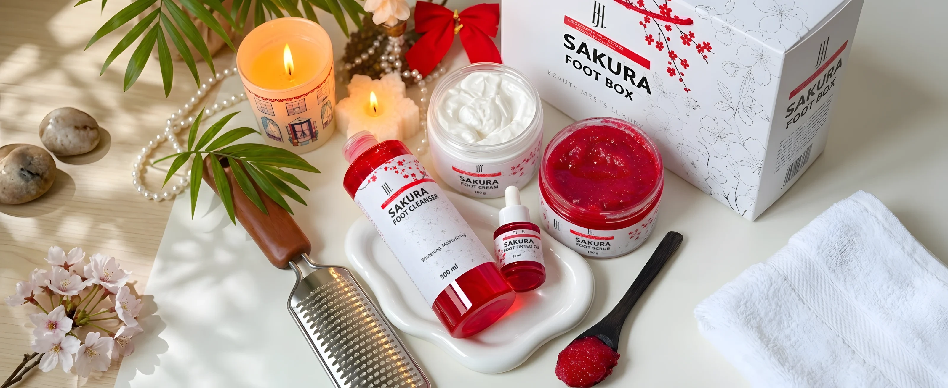 The Red Sakura foot set: cleanser, scrub, tinted oil and cream in front of the Sakura box