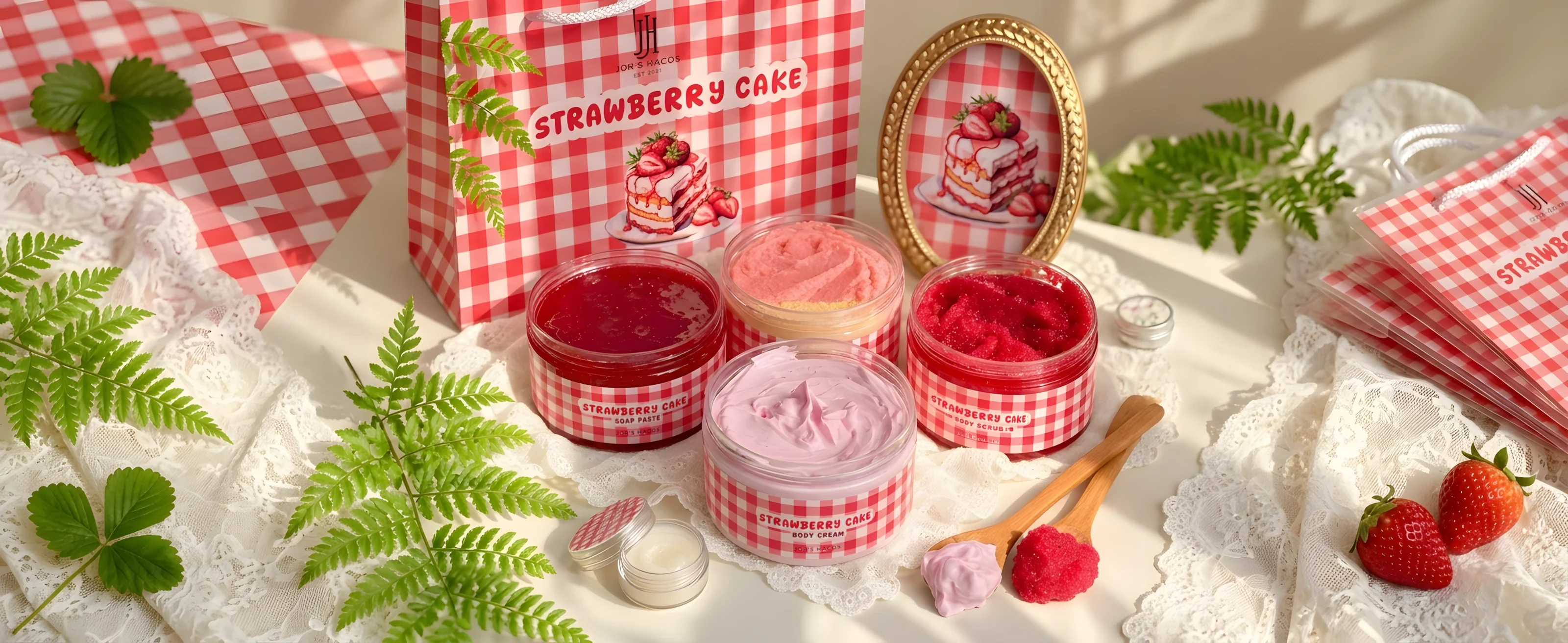 The Strawberry Cake set: soap paste, scrub and cream in red-and-white gingham tubs in front of the set bag
