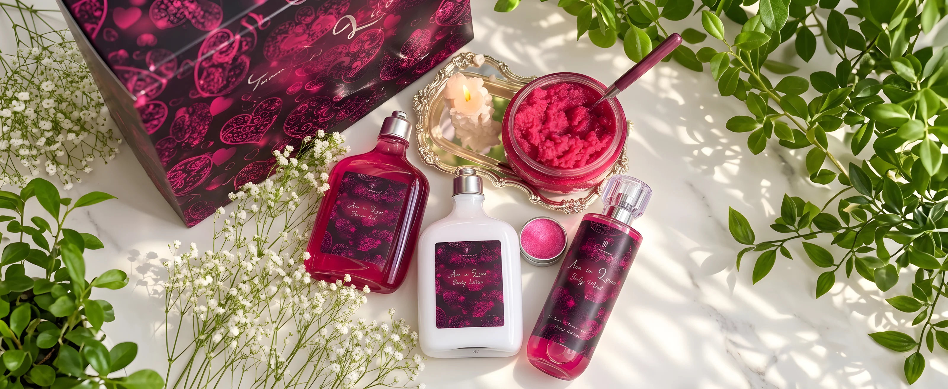 The Am in Love set: shower gel, lotion, mist and scrub in deep pink bottles with a heart pattern