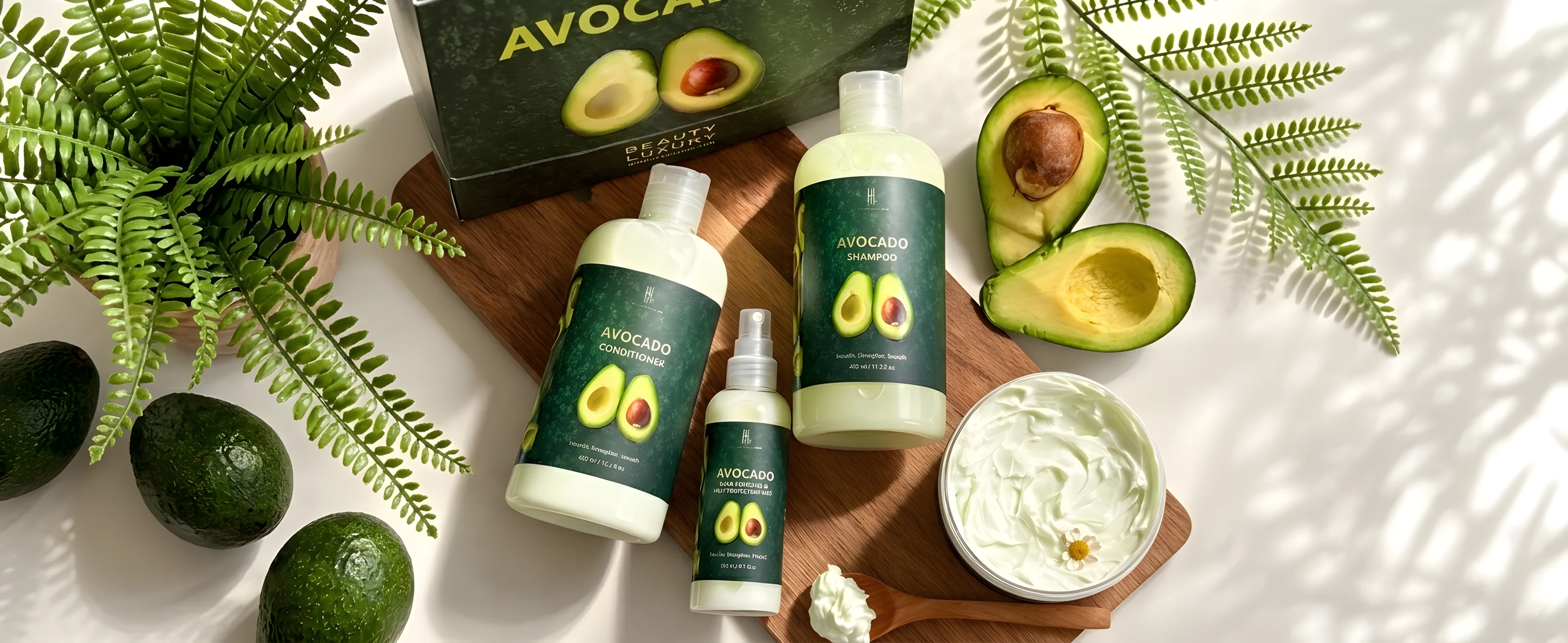 The Avocado hair set: shampoo, conditioner, hair perfume and mask in front of a green box and avocados