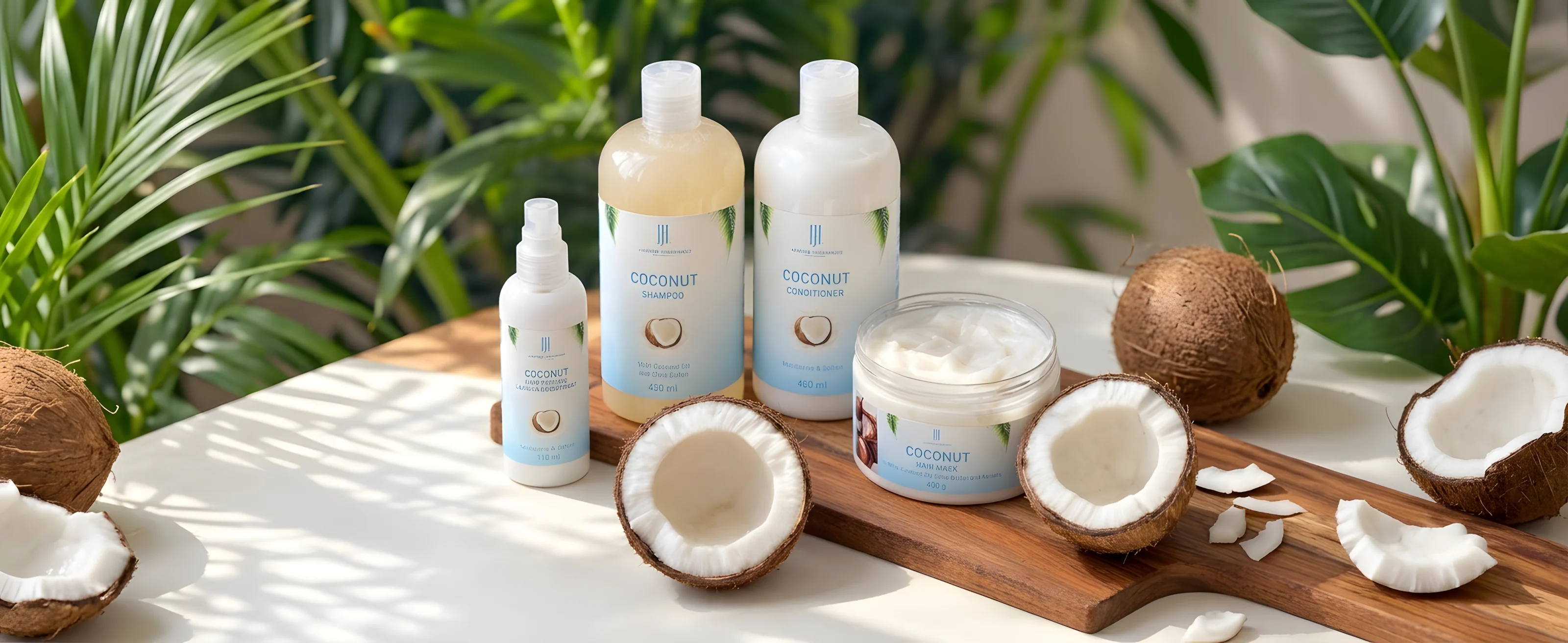 The Coconut hair set: shampoo, conditioner, mask and hair perfume with coconuts on a wooden board