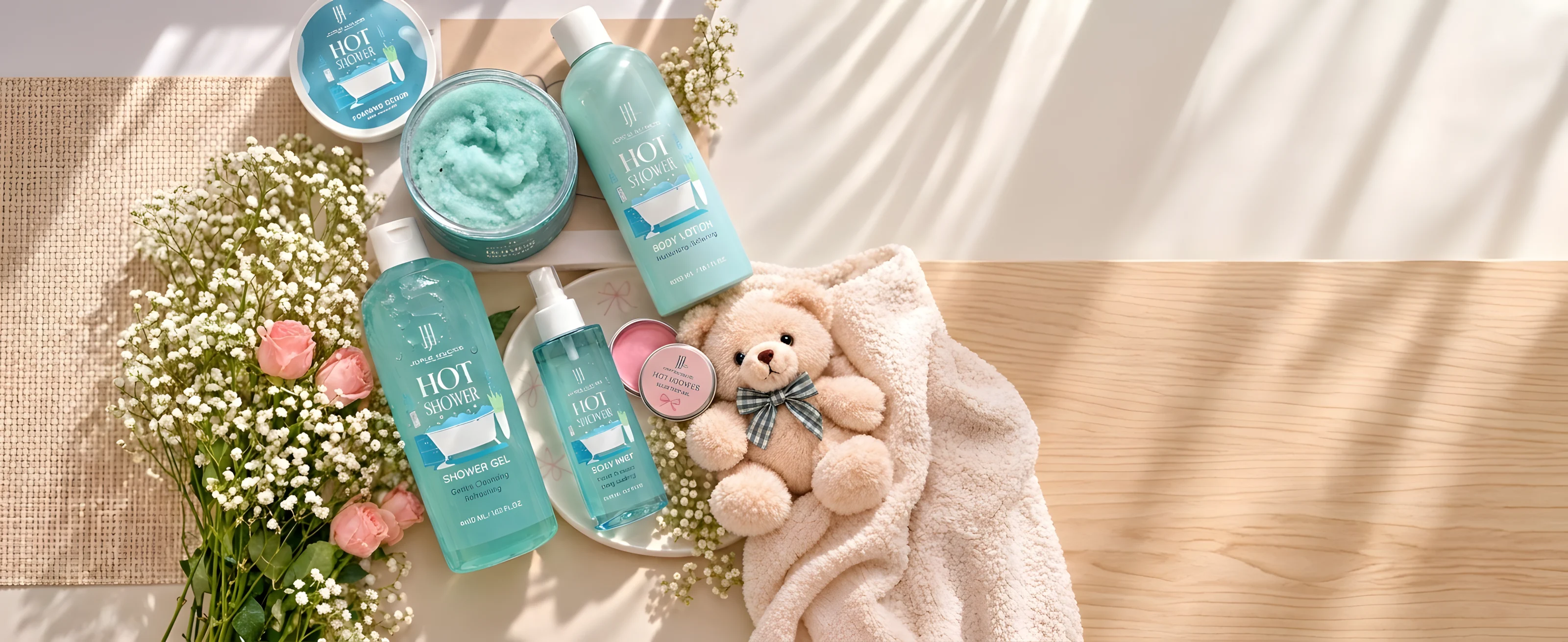 The Hot Shower set: turquoise shower gel, scrub, lotion, mist and a solid perfume beside a teddy bear and roses