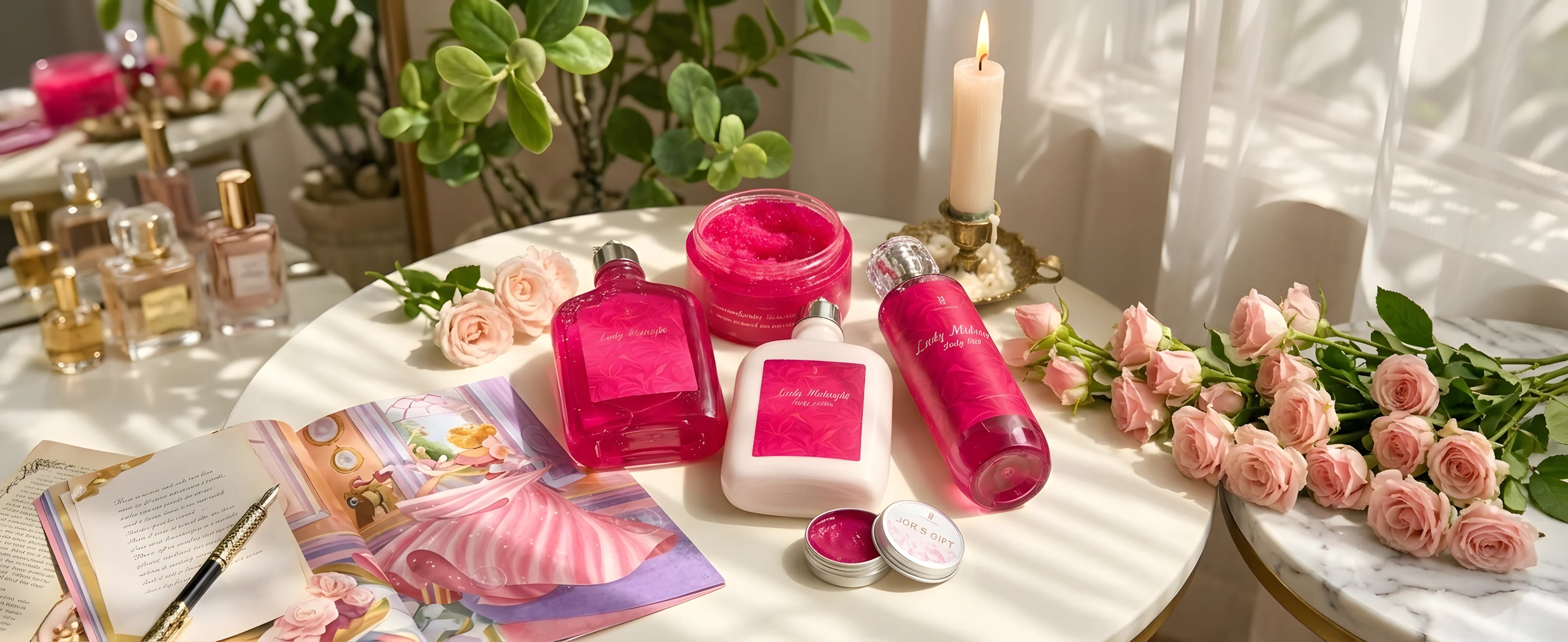 The Lady Midnight set: fuchsia gel, lotion, mist and scrub on a table with roses and a candle