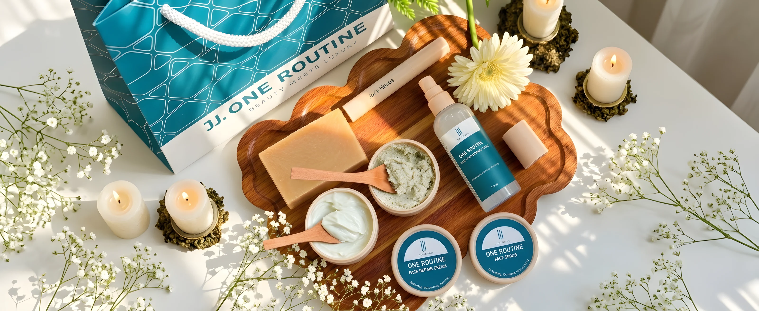 The One Routine face set: soap, scrub, repair cream and toner on a wooden board with a flower