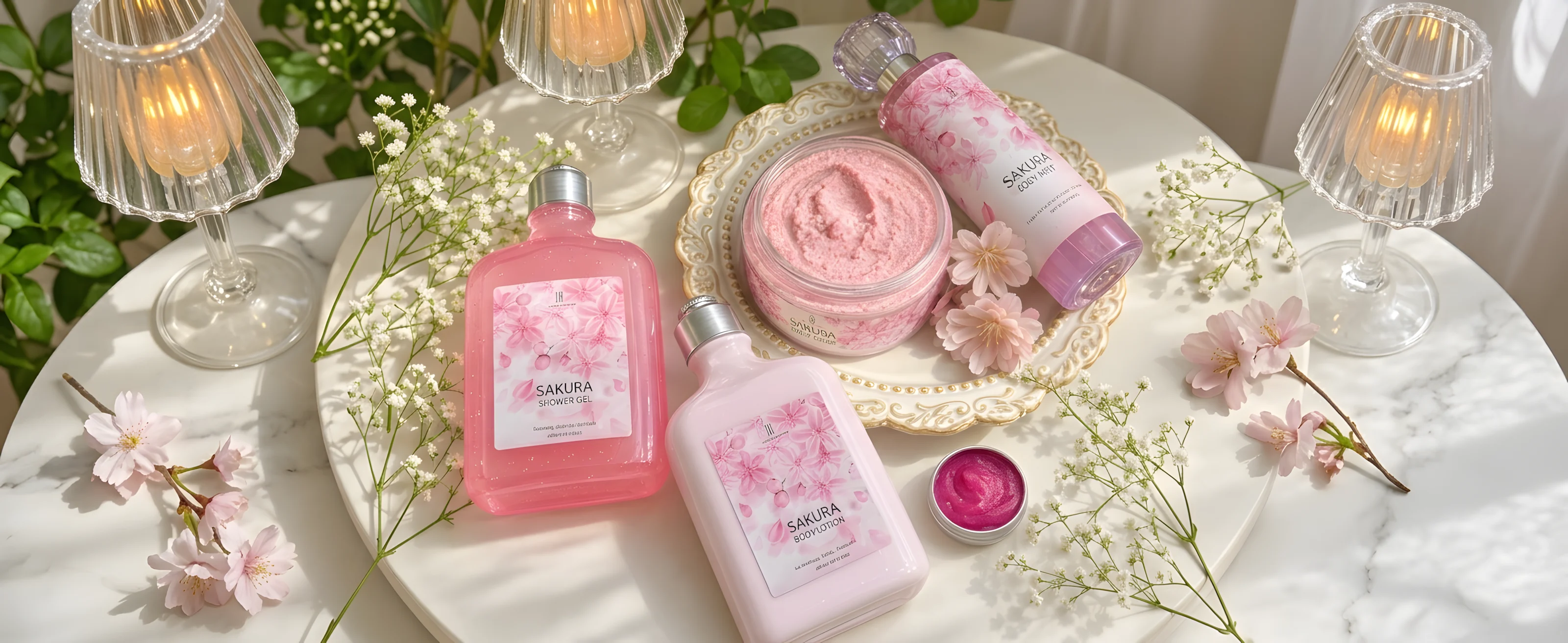 The Sakura body set: pink shower gel, scrub, lotion and mist on a white table with cherry blossom